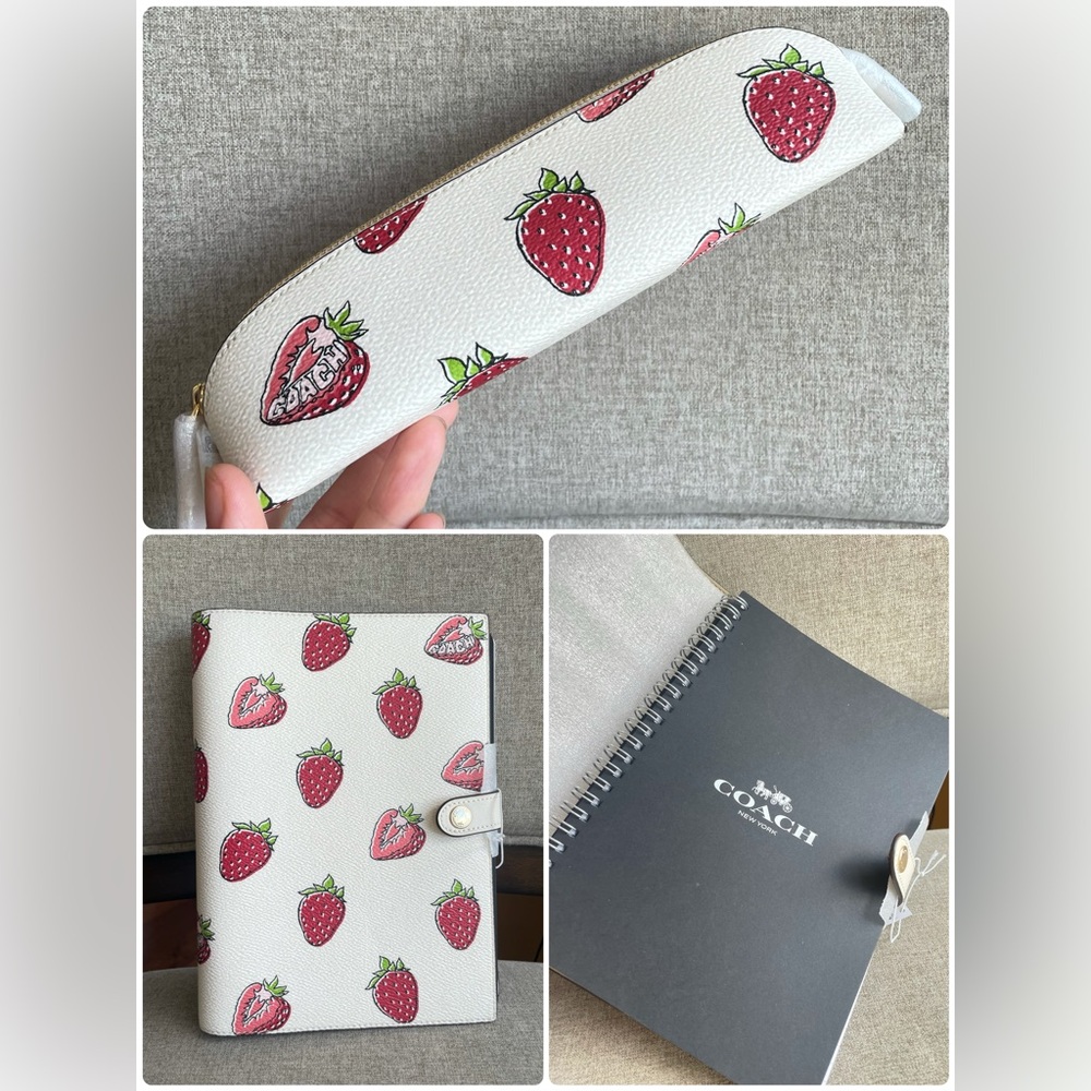 NWT！2PCS COACH NOTEBOOK WITH STRAWBERRY PRINT（CAO44）AND PENCIL CASE（CAP08）
